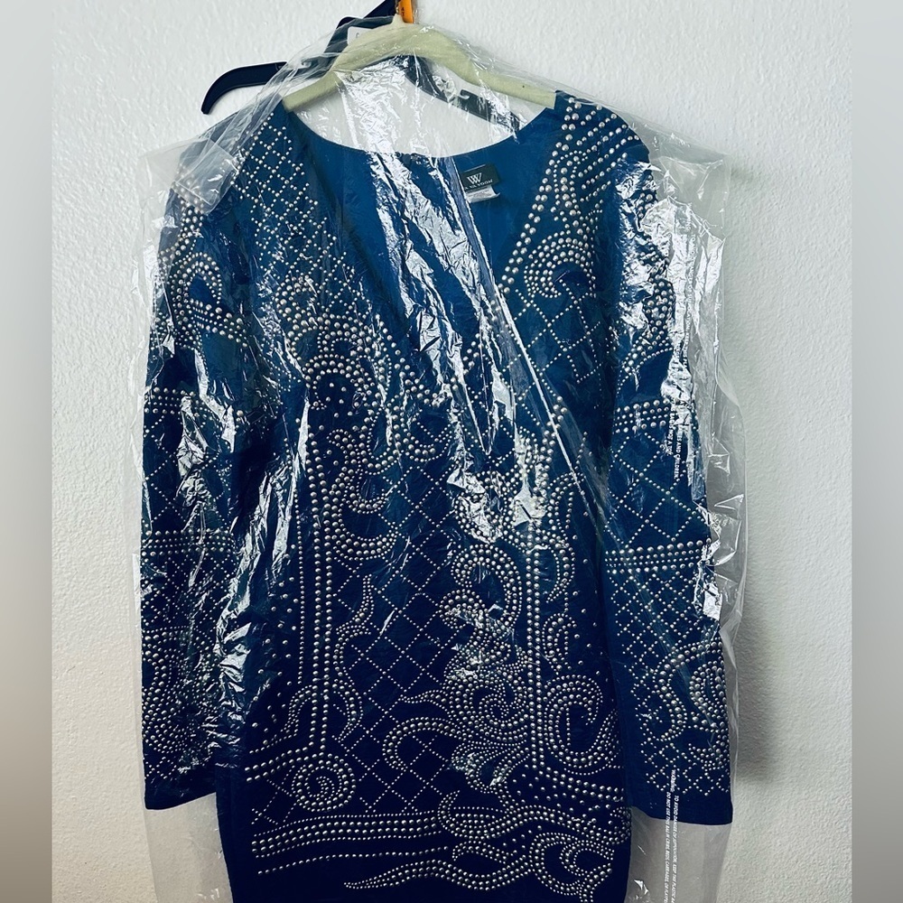 Va Va Voom Royal Blue Beaded Long Sleeve Body Con Medium Mini Dress Brand New - Picture 9 of 9